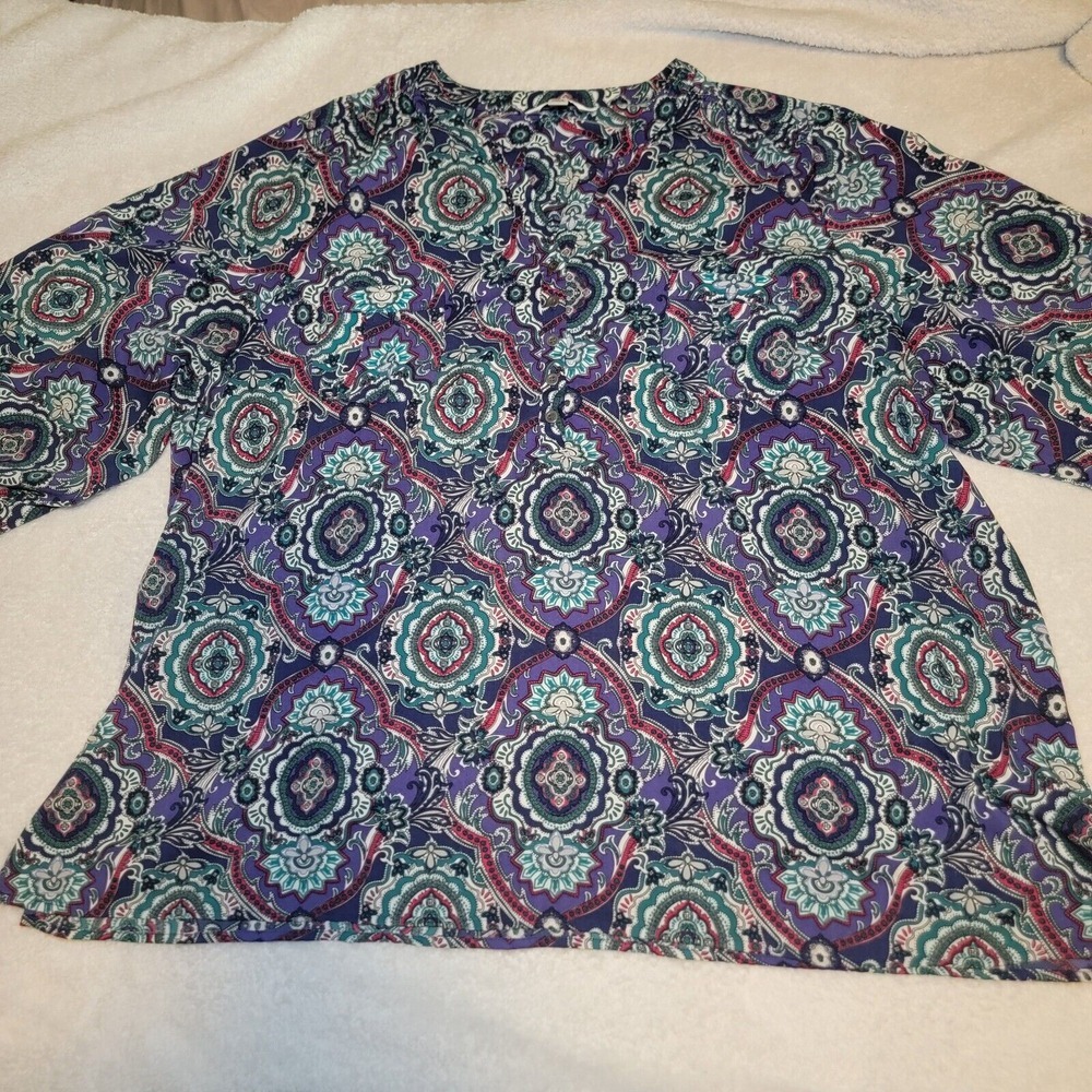 Croft & Barrow Paisley Tunic Womens 3X Plus‎ Long Sleeve Floral Boho Buttons Top